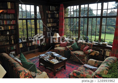 Sunlit library with bookshelves and garden view Sunlit library with bookshelves and garden view 128993962