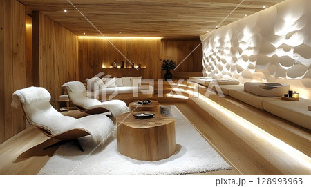 Modern spa interior wood textures warm lighting comfortable seating Modern spa interior wood textures warm lighting comfortable seating 128993963
