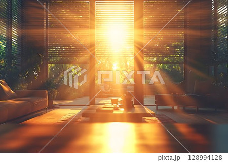 Golden sunlight streaming through blinds in living room interior Golden sunlight streaming through blinds in living room interior 128994128