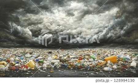 Plastic waste pollution dramatic sky environmental disaster Plastic waste pollution dramatic sky environmental disaster 128994130