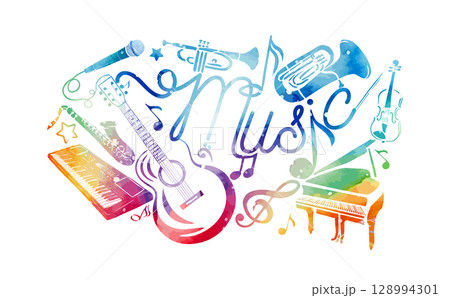 Abstract Music colorful. Many musical instruments. hand drawn. Not AI, Vector illustration 128994301
