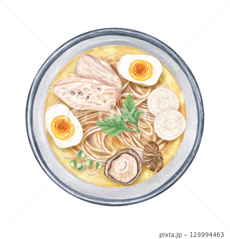Miso ramen Asian noodles soup serving with shiitake, egg and chicken slices watercolor illustration isolated background. Japanese, Korean or Chinese broth in bowl with meat, vegetables and pasta. 128994463