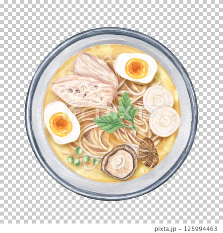 Miso ramen Asian noodles soup serving with shiitake, egg and chicken slices watercolor illustration isolated background. Japanese, Korean or Chinese broth in bowl with meat, vegetables and pasta. 128994463