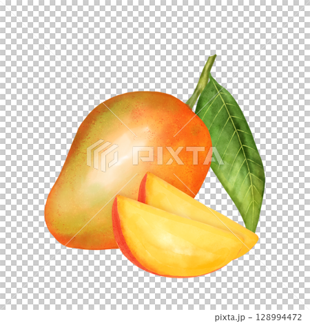 Hand-drawn illustration featuring a ripe whole mango, a bright yellow slice, and a green leaf. 128994472