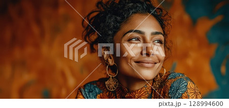 Smiling woman in a vibrant artistic space 128994600