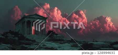 Ancient temple under a mystical sunset sky 128994631