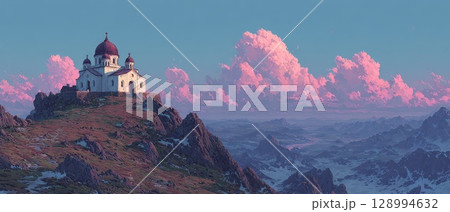 Sunset church on mountain peak 128994632