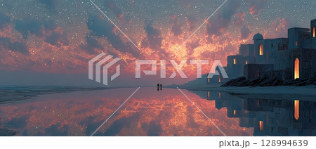 Stunning sunset reflections on a serene beach Stunning sunset reflections on a serene beach 128994639