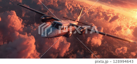 Airplane flying above clouds at sunset 128994643