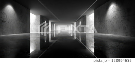 Modern hallway with reflections and soft lighting 128994655