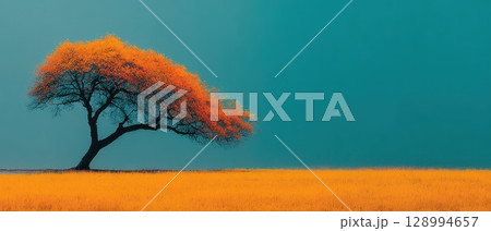 Vibrant autumn tree under a clear blue sky 128994657
