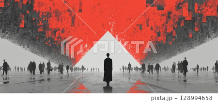 Lonely figure in a vivid abstract scene 128994658