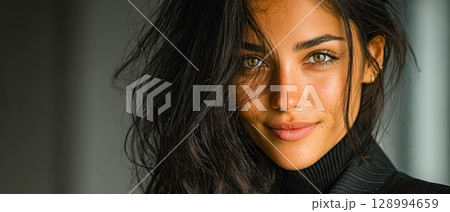 Woman with striking features and captivating gaze 128994659