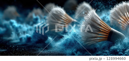Dynamic shuttlecocks in swirling blue powder 128994660