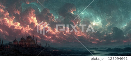 Majestic celestial landscape over a historic city 128994661