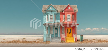 Colorful houses stand alone in a vast salt flat 128994680