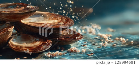 Freshly harvested clams resting in clear water 128994681