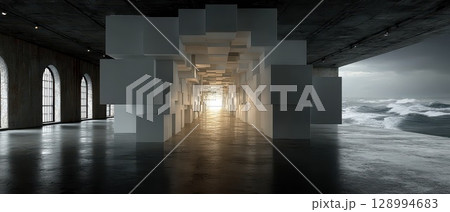 Distinctive light filled architectural corridor Distinctive light filled architectural corridor 128994683