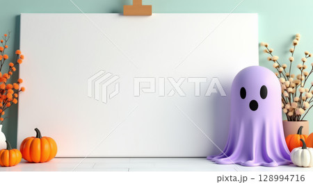 Halloween ghost and pumpkins with blank canvas 128994716
