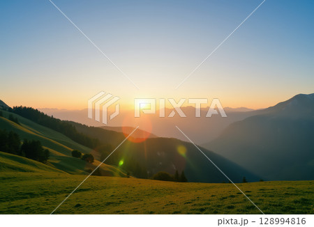 Sunrise over mountain landscape with trees 128994816