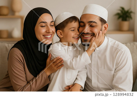 Happy Muslim Family Portrait of a Mother Father and Son 128994832
