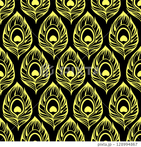seamless pattern of yellow stylized peacock feathers on a black background, texture, design 128994867