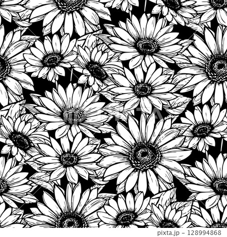 seamless pattern of large black and white flowers on a black background, texture, design 128994868