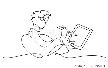 Concept of freelance graphic designer, illustrator, artist, cartoonist. Boy drawing cartoon using tablet and create art 128995031