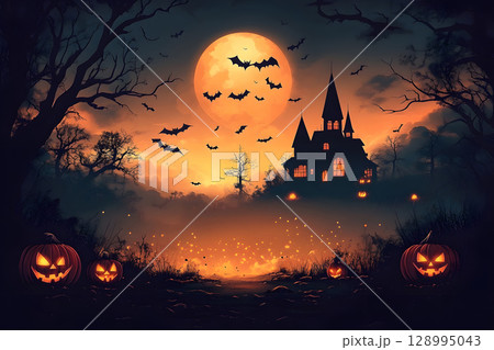 Spooky Halloween poster with haunted house, bats, and pumpkin lanterns in orange-black color tone. Perfect for ready-to-use party invitations, ads, or social posts. 128995043
