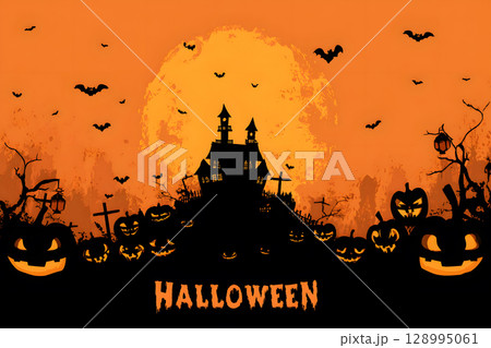 Spooky Halloween poster with haunted house, bats, and pumpkin lanterns in orange-black color tone. Perfect for ready-to-use party invitations, ads, or social posts. 128995061