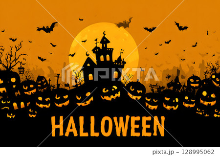 Spooky Halloween poster with haunted house, bats, and pumpkin lanterns in orange-black color tone. Perfect for ready-to-use party invitations, ads, or social posts. 128995062