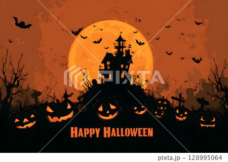 Spooky Halloween poster with haunted house, bats, and pumpkin lanterns in orange-black color tone. Perfect for ready-to-use party invitations, ads, or social posts. 128995064