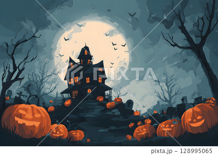 Spooky Halloween poster with haunted house, bats, and pumpkin lanterns in orange-black color tone. Perfect for ready-to-use party invitations, ads, or social posts. 128995065