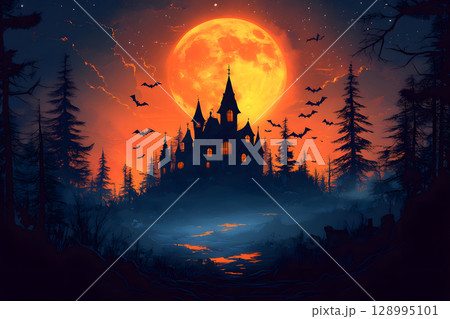Spooky Halloween poster with haunted house, bats, and pumpkin lanterns in orange-black color tone. Perfect for ready-to-use party invitations, ads, or social posts. 128995101