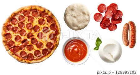 Pepperoni Pizza with ingredients, Tomato paste sauce, Mozzarella cheese, dough, chorizo sausage, pepperoni on transparent background cutout, PNG file. Mockup template for artwork design 128995102