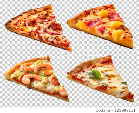Pizza Slice, Hawaiian, meatlover, margherita, seafood shrimp on transparent background cutout, PNG file. Many assorted different flavour. Mockup template for artwork design 128995111
