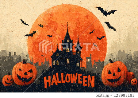 Spooky Halloween poster with haunted house, bats, and pumpkin lanterns in orange-black color tone. Perfect for ready-to-use party invitations, ads, or social posts. 128995183