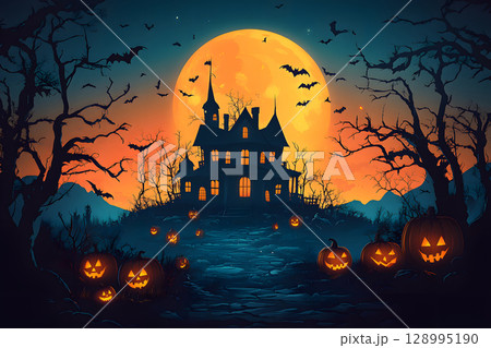 Spooky Halloween poster with haunted house, bats, and pumpkin lanterns in orange-black color tone. Perfect for ready-to-use party invitations, ads, or social posts. 128995190