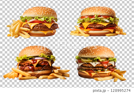 Set of single and double burger with french fries chips on transparent background cutout, PNG file. Many assorted different Mockup template for artwork design 128995274