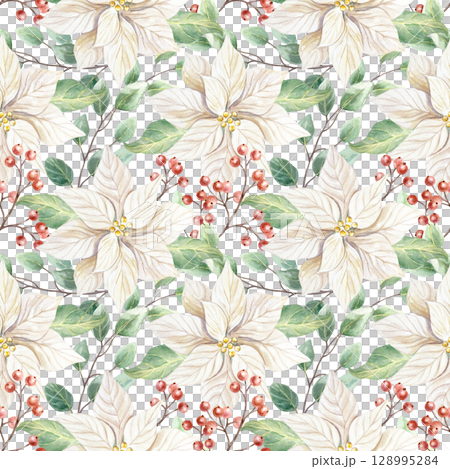 Christmas seamless pattern with white poinsettia flowers, green eucalyptus branches, red berries watercolor isolated illustration. Hand drawn pastel botanical New Year clip art in scandinavian style. Christmas seamless pattern with white poinsettia flowers, green eucalyptus branches, red berries watercolor isolated illustration. Hand drawn pastel botanical New Year clip art in scandinavian style. 128995284