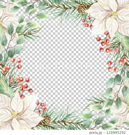 Christmas frame with fir branches, eucalyptus, white poinsettia flowers, pine cones, a sprig of red berries watercolor illustration isolated. Hand drawn pastel botanical New Year clip art. Christmas frame with fir branches, eucalyptus, white poinsettia flowers, pine cones, a sprig of red berries watercolor illustration isolated. Hand drawn pastel botanical New Year clip art. 128995292