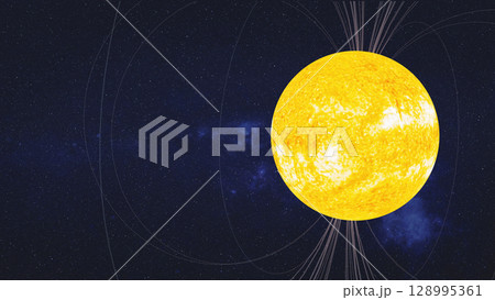 A bright yellow star, interpreted as the Sun, dominates the scene against a space background filled with stars. Magnetic field lines or solar flares radiate outward from its surface, conveying intense 128995361