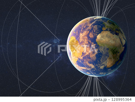 The Earth planet features, including landmasses and cloud formations, appears in space. A smaller moon orbits nearby. The Earth planet features, including landmasses and cloud formations, appears in space. A smaller moon orbits nearby. 128995364
