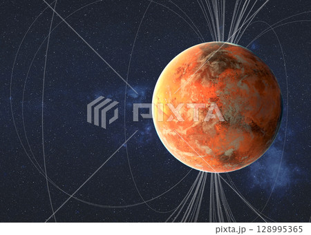 Planet Mars, revealing surface features such as craters and valleys. Surrounding it are stylized magnetic field lines, suggesting an active planetary magnetosphere. Planet Mars, revealing surface features such as craters and valleys. Surrounding it are stylized magnetic field lines, suggesting an active planetary magnetosphere. 128995365