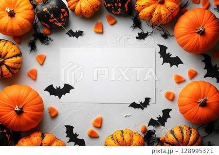 Halloween mockup with a blank greeting card, pumpkins, bats, and candy on white background. Perfect for holiday messages and graphic design. 128995371