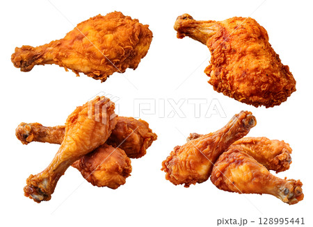 Fried chicken drumstick thigh on transparent background cutout, PNG file. Mockup template for artwork design. perspective positions many different angle, side frontal top view Fried chicken drumstick thigh on transparent background cutout, PNG file. Mockup template for artwork design. perspective positions many different angle, side frontal top view 128995441