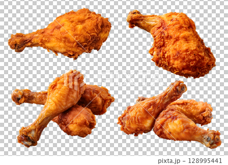 Fried chicken drumstick thigh on transparent background cutout, PNG file. Mockup template for artwork design. perspective positions many different angle, side frontal top view Fried chicken drumstick thigh on transparent background cutout, PNG file. Mockup template for artwork design. perspective positions many different angle, side frontal top view 128995441