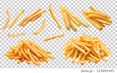 Set of potato french fries chips on transparent background cutout, PNG file. Many assorted different Mockup template for artwork design 128995445