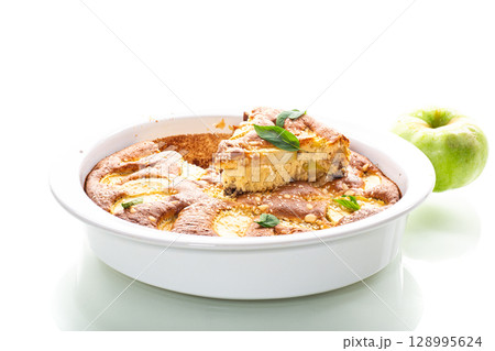 Ruddy crust of an appetizing apple pie on a white background Ruddy crust of an appetizing apple pie on a white background 128995624
