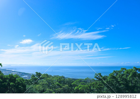 夏の空に流れるような巻雲　〜湘南平から虹ケ浜の海岸線を臨む〜 128995812